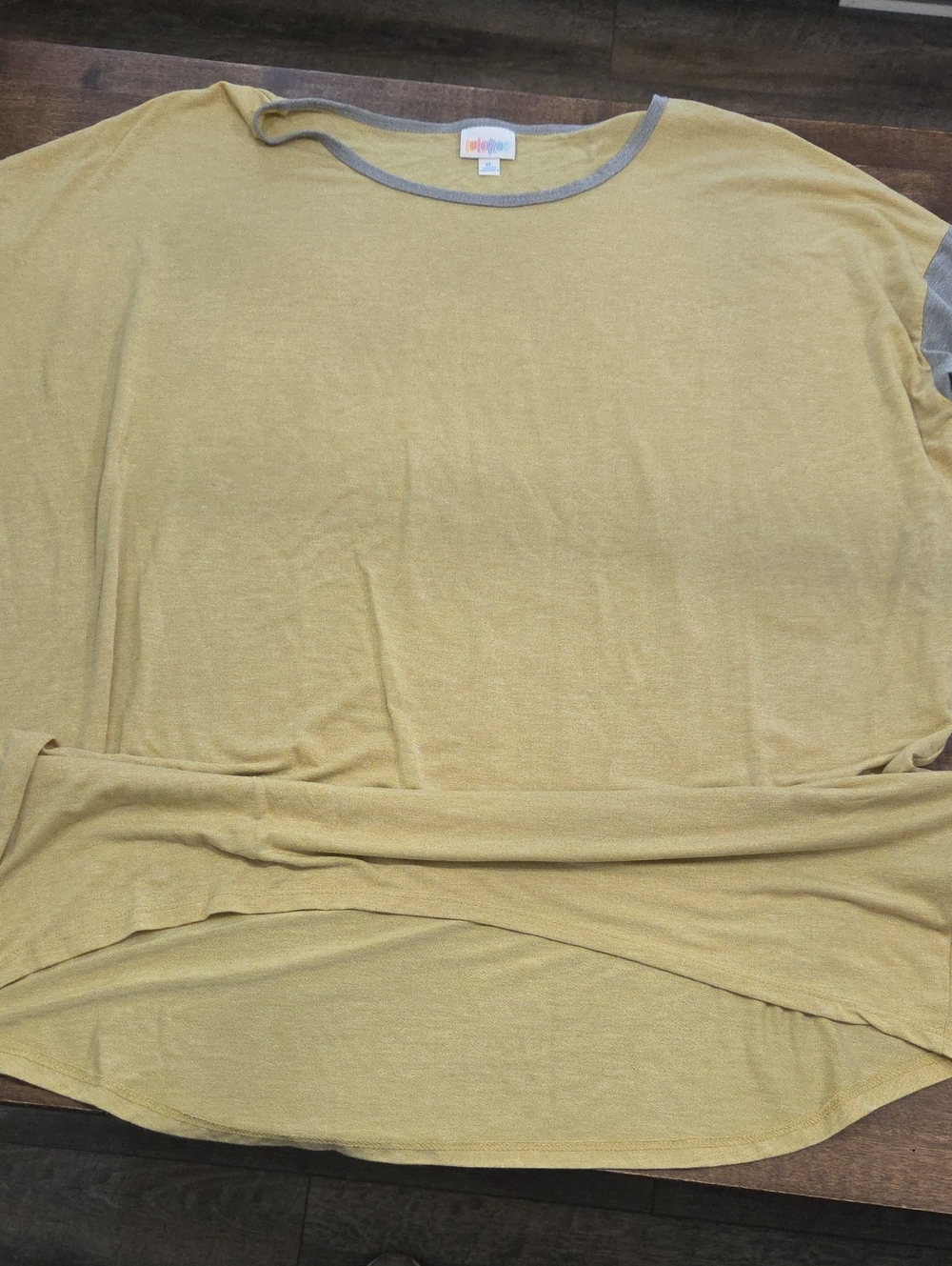 Lularoe Mustard Yellow Short Sleeve Crewneck Top with Gray Trim